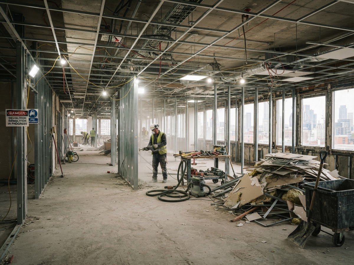 Commercial interior demolition with removed partitions and exposed framing in an office space in Spring Hill Florida