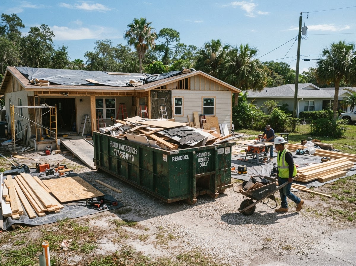 Roll-off dumpster staged at an active contractor jobsite near a remodeling project in Spring Hill Florida