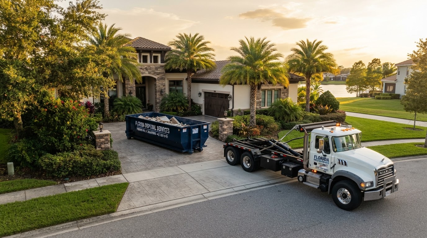 Established residential property cleanup scene with a hauling truck and roll-off dumpster at a home in Floral City, Florida