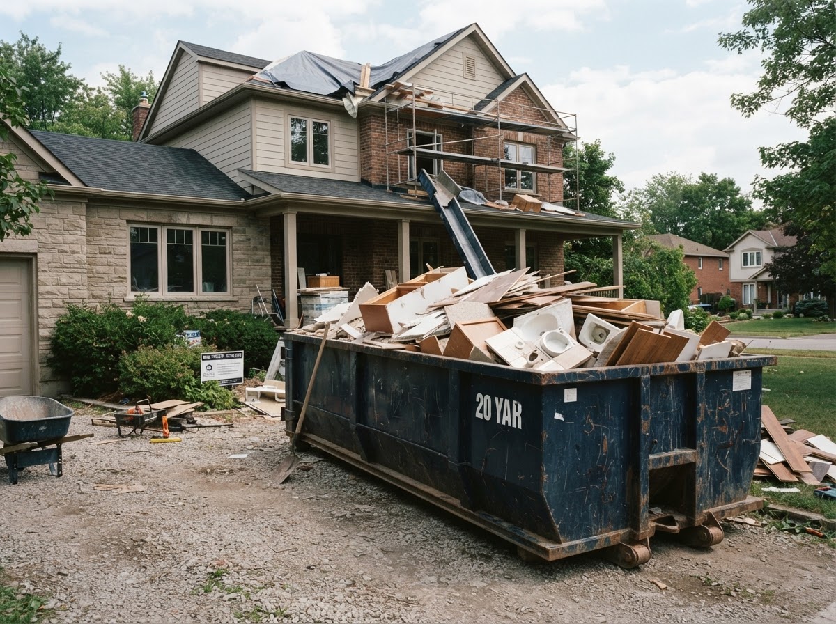 Roll-off dumpster outside a residential home renovation project