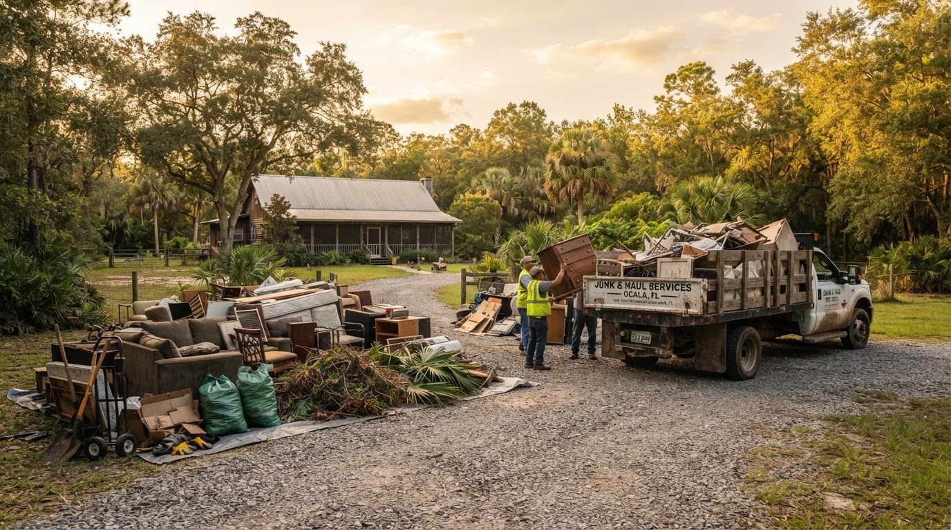Larger residential lot and acreage cleanup scene with a hauling truck and staged outdoor debris at a property in Pine Ridge, Citrus County, Florida