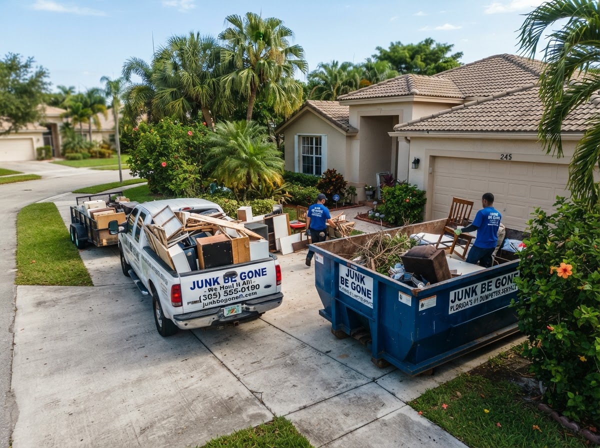 Junk hauling truck and roll-off dumpster together at a residential project site in Spring Hill Florida