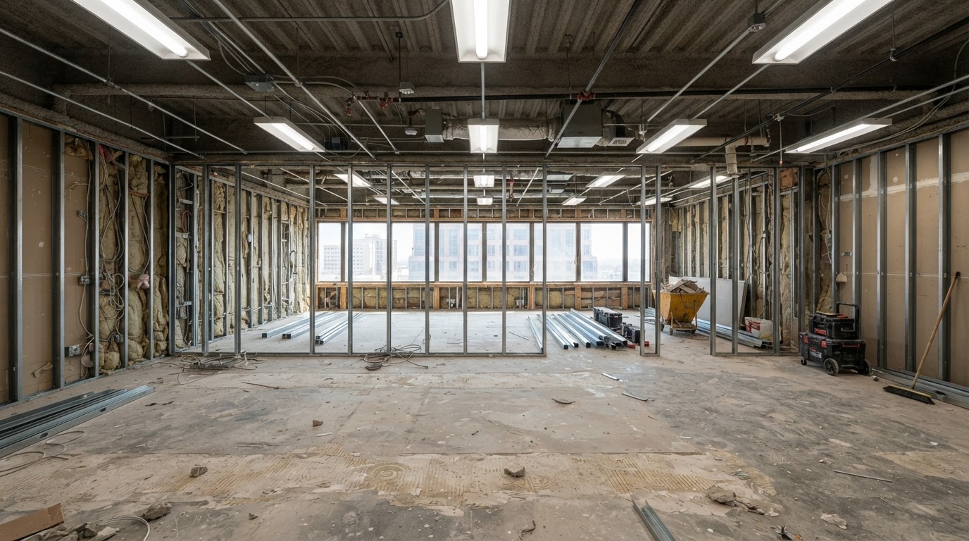 Same commercial interior after a controlled tear-out with framing exposed and the space renovation-ready