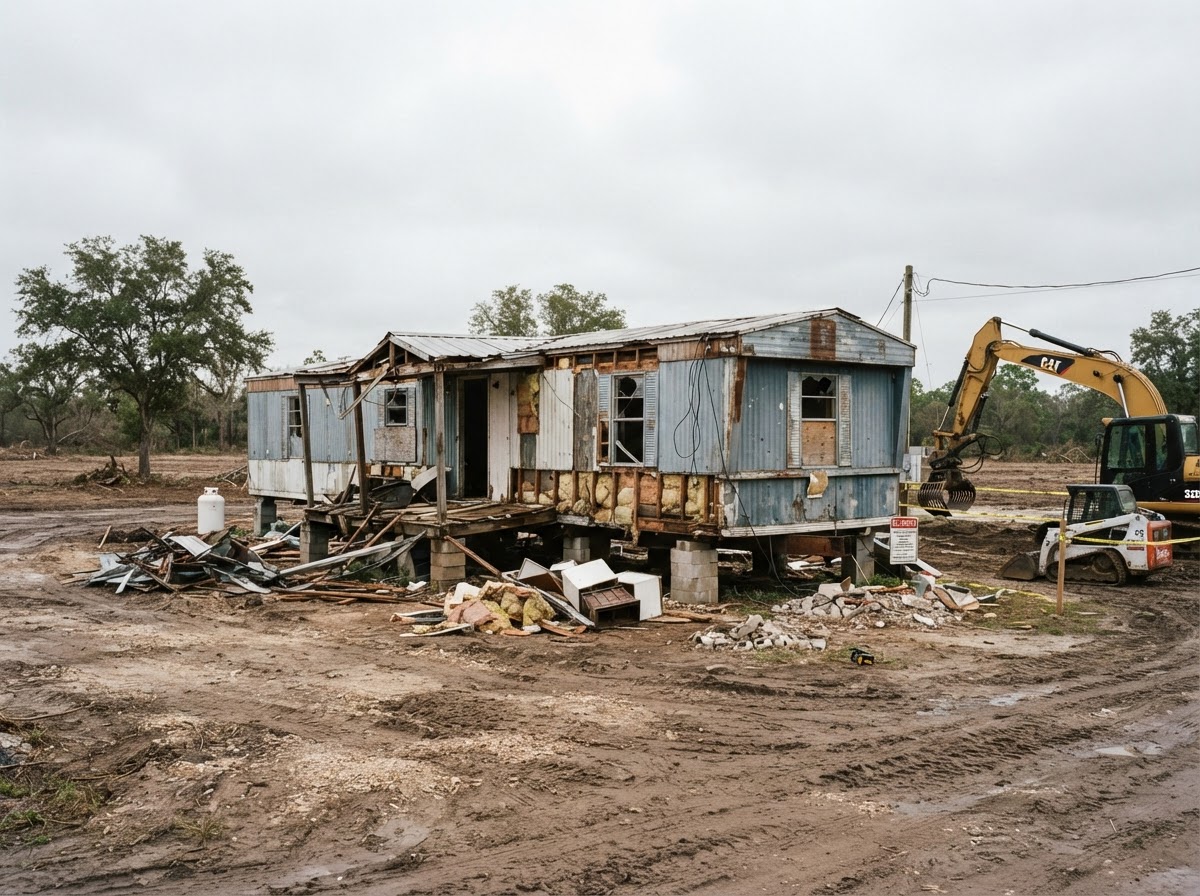 Aging manufactured mobile home on a Florida lot prepared for a controlled demolition and removal project