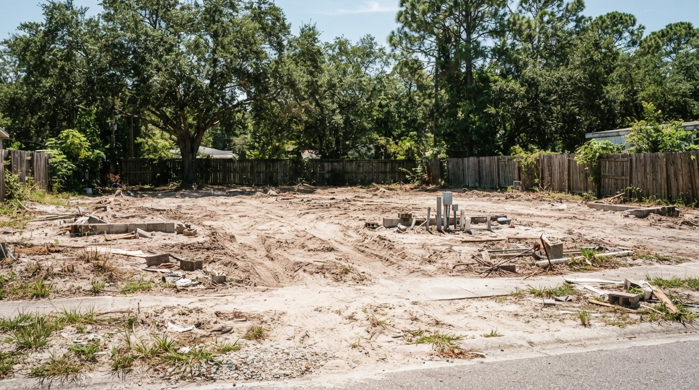 Same residential lot after the mobile home is demolished and removed, leaving a cleared site