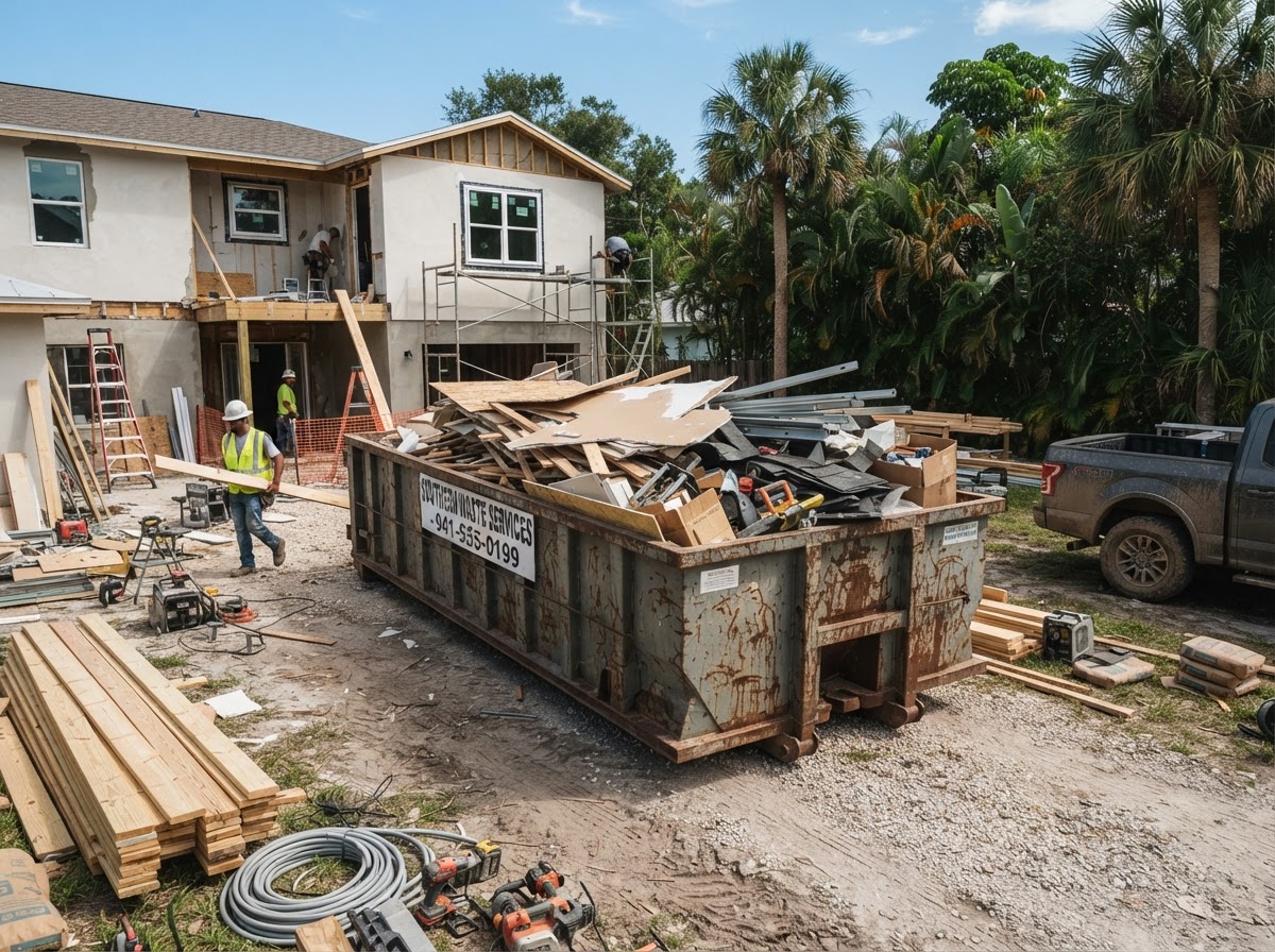 Construction dumpster filled with lumber and drywall debris at an active jobsite in Spring Hill Florida