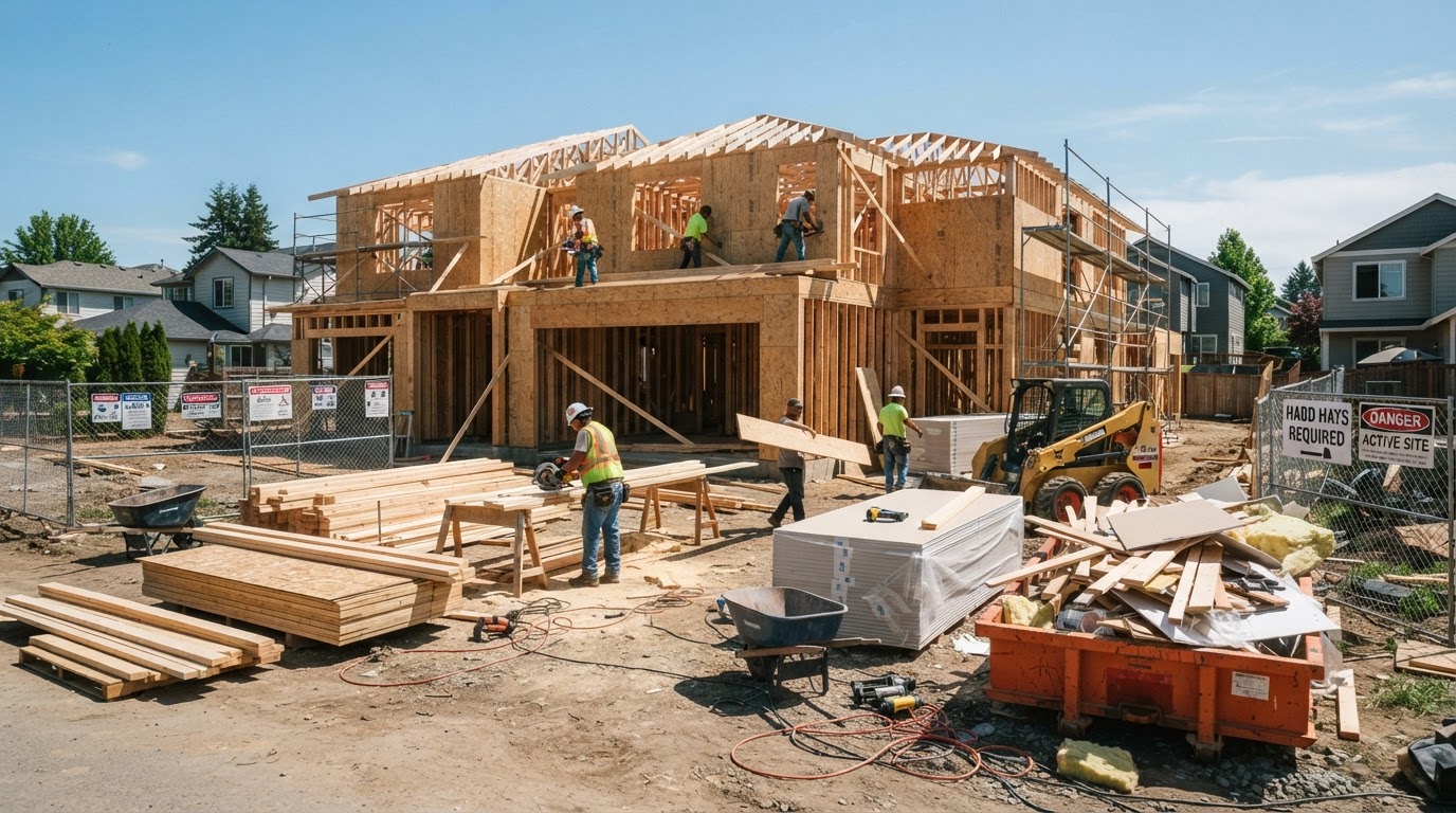 Active construction site with lumber and drywall staged before a construction dumpster delivery