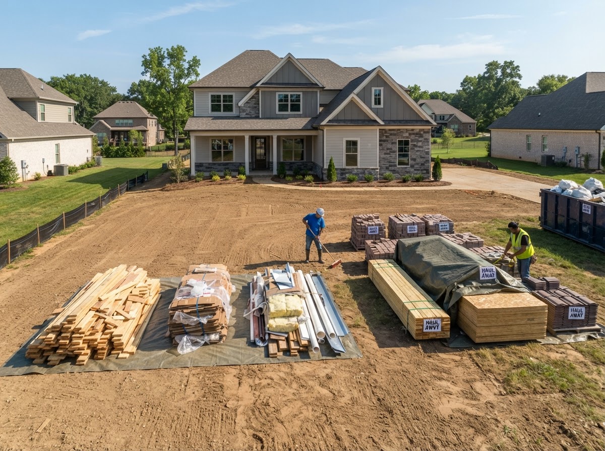 Construction site with swept ground and staged debris piles for post-project cleanup in Spring Hill Florida