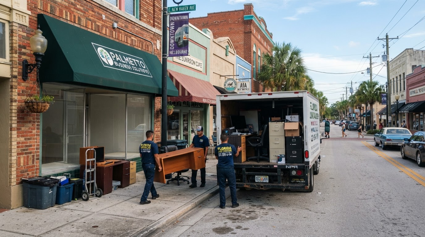 Hauling truck and crew loading furniture and household items from a residential driveway in an established Florida neighborhood in New Port Richey