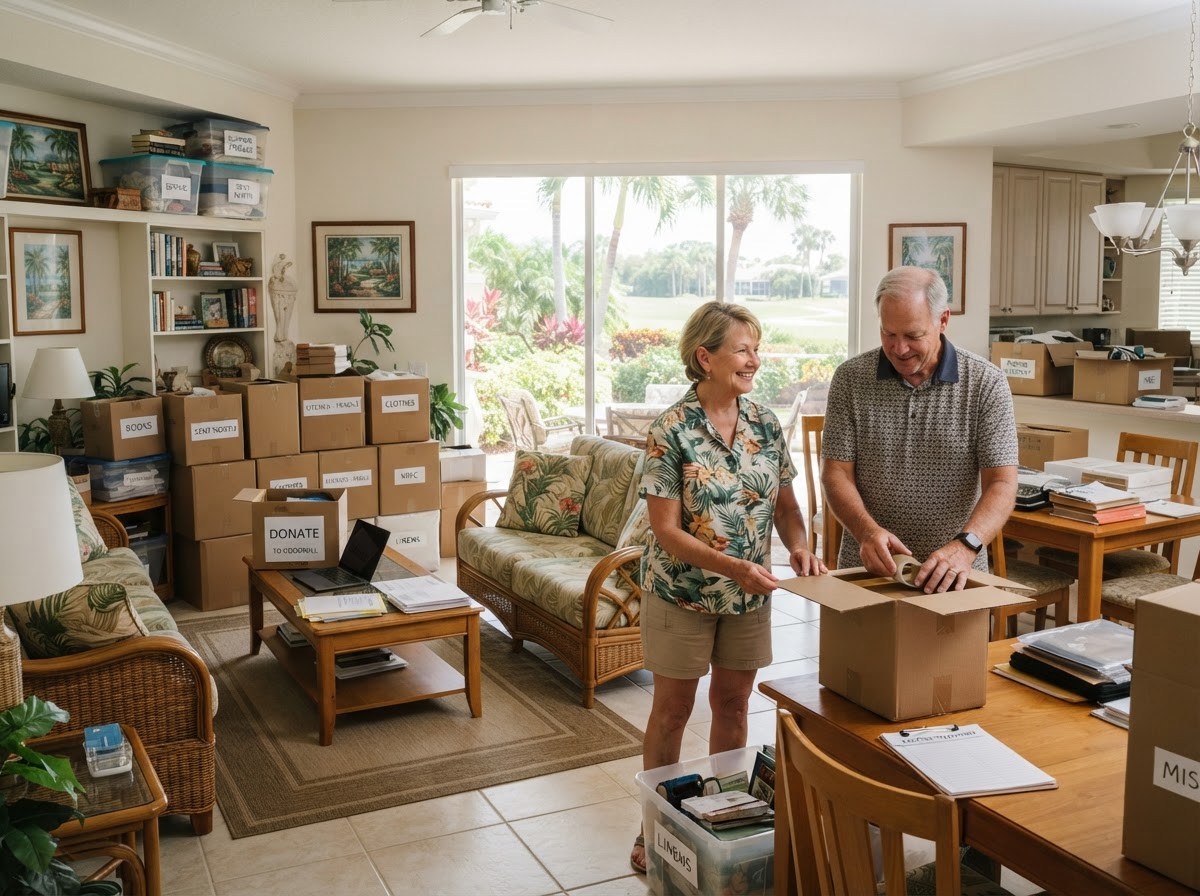 Florida seasonal residence interior with sorted furniture and stored belongings for a snowbird cleanout