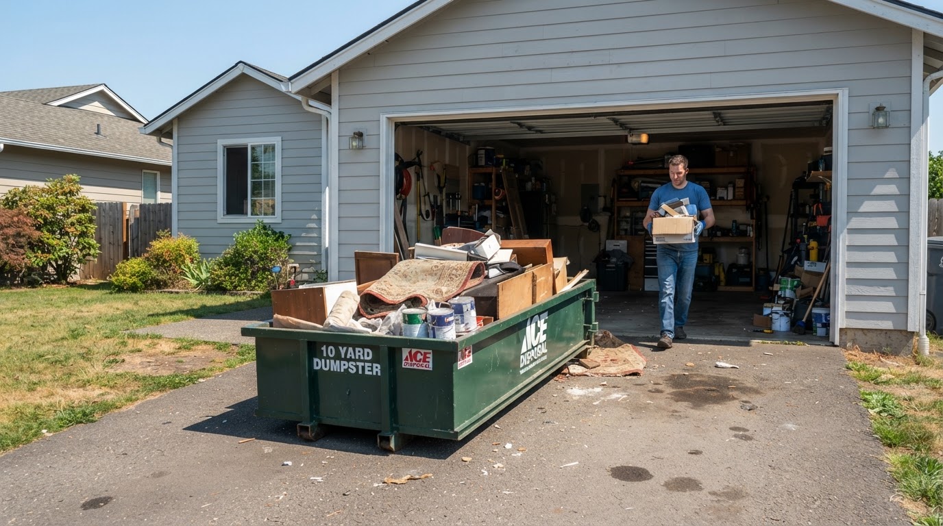 Same garage cleanup with a realistically proportioned 10-yard dumpster holding the staged debris