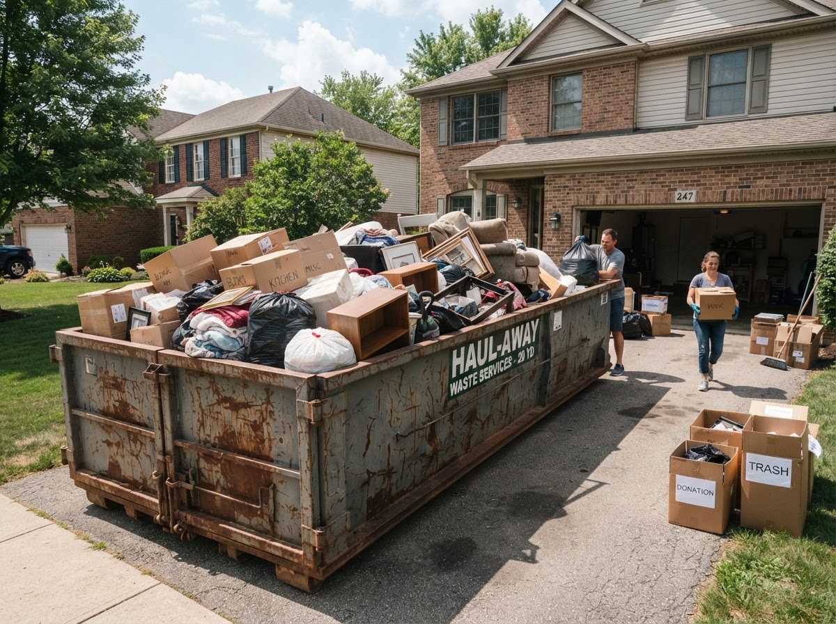 Cleanout dumpster with boxed household contents on a residential driveway in Spring Hill Florida