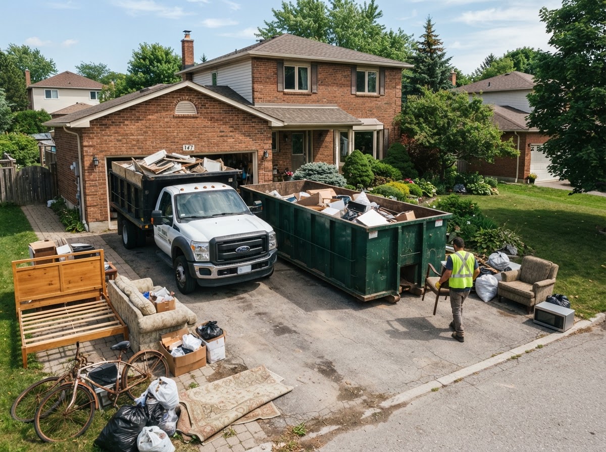 Junk hauling truck and roll-off dumpster at a residential cleanup site
