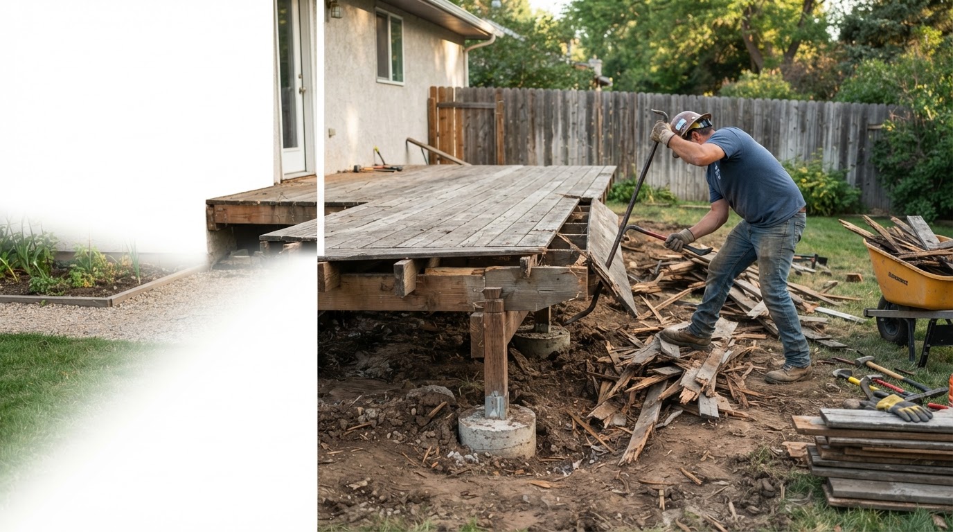 Backyard wooden deck being demolished with deck boards and framing staged for removal in Spring Hill, Florida