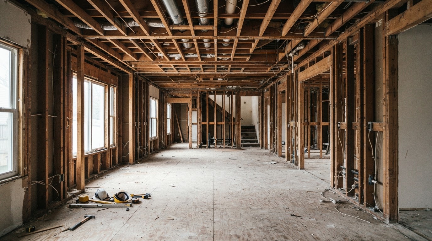 Same interior space after controlled selective demolition with framing exposed and the area gutted