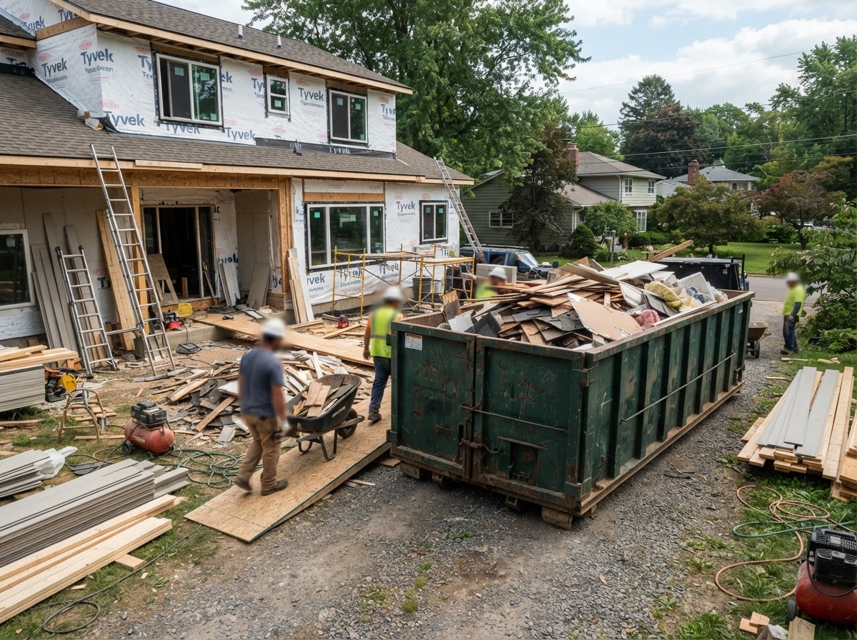 Contractor construction site with a roll-off debris dumpster