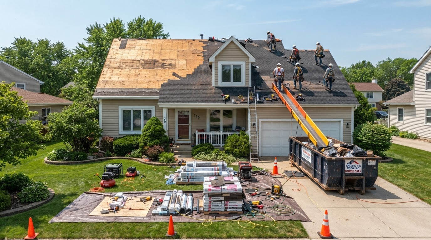 Residential roofing project with removed shingles staged before a roofing dumpster delivery