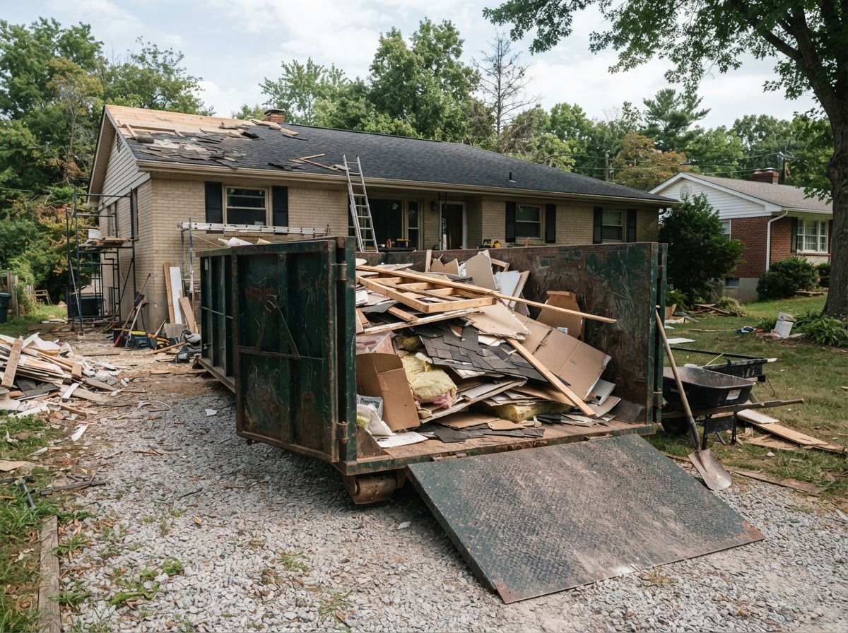 Representative 20-yard roll-off dumpster at a home remodeling site