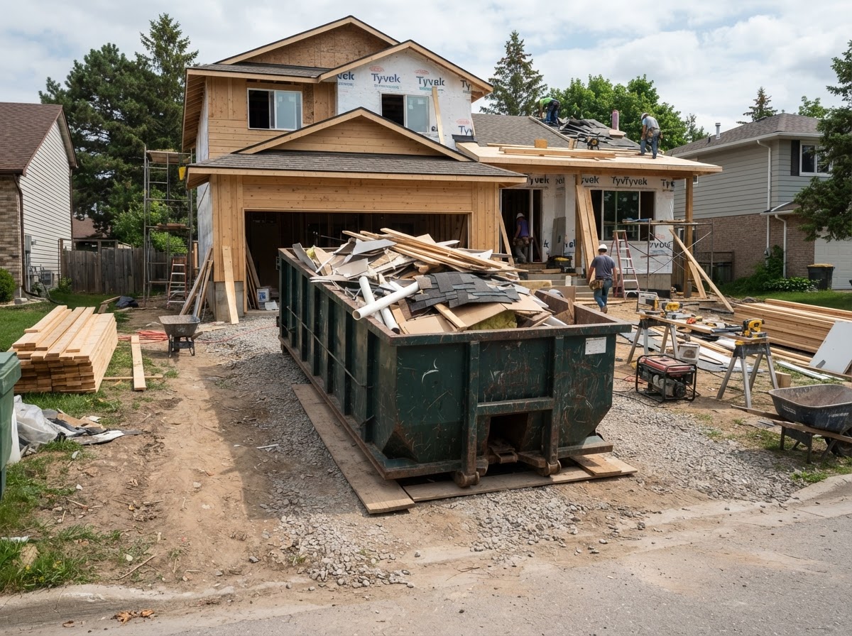 Construction roll-off dumpster at an active contractor jobsite