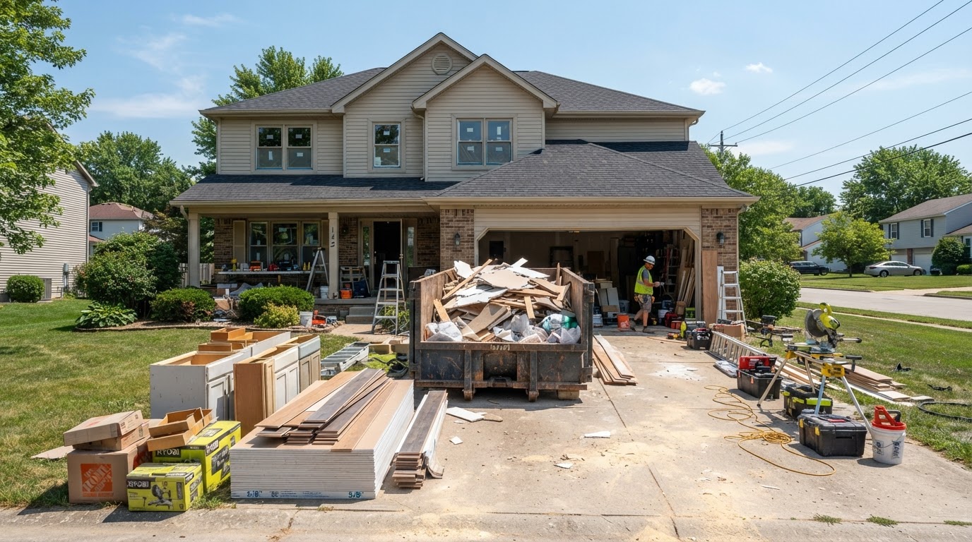 Home remodeling project with cabinets, drywall and flooring staged before a dumpster delivery