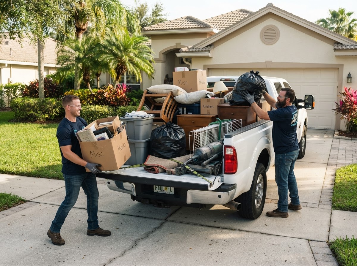 Renovation debris including drywall scraps, lumber, and removed fixtures staged for hauling at a Spring Hill Florida remodel