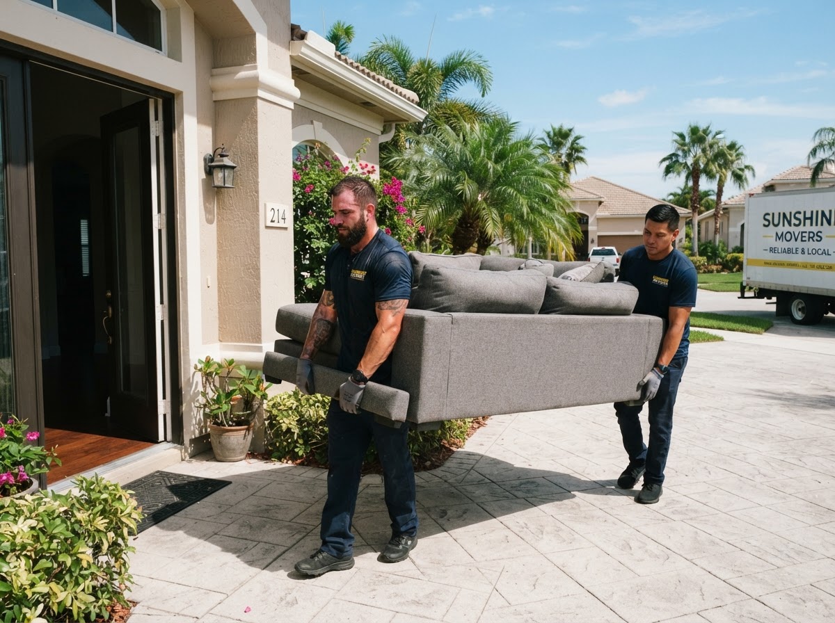 Workers carrying a large sectional sofa out of a residential home for furniture removal in Spring Hill Florida