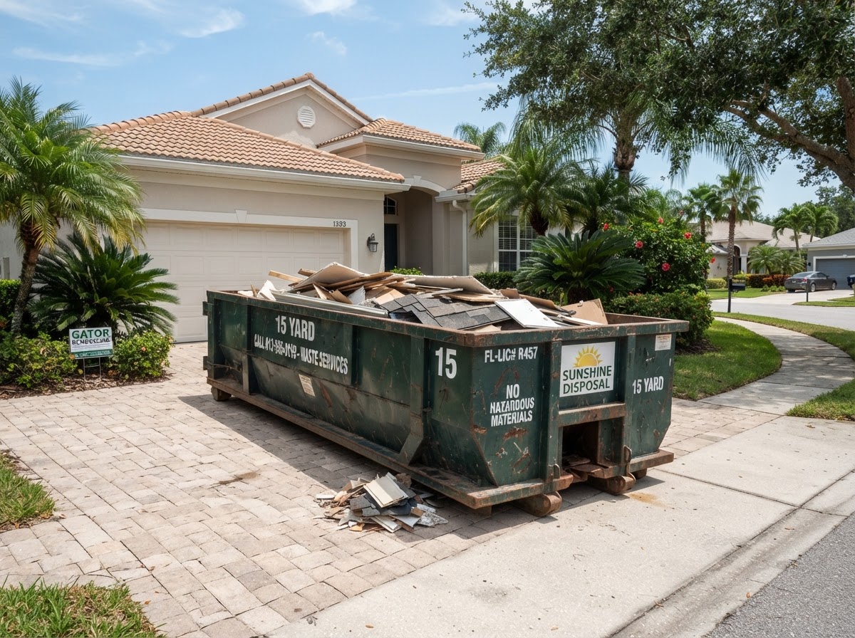 15-yard roll-off dumpster container staged on a residential driveway in Spring Hill Florida