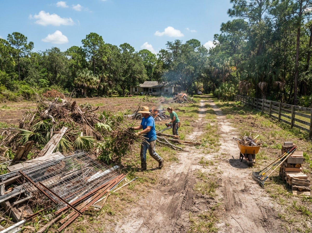 Florida rural acreage cleanup with cleared brush and accumulated outdoor materials along a dirt access path