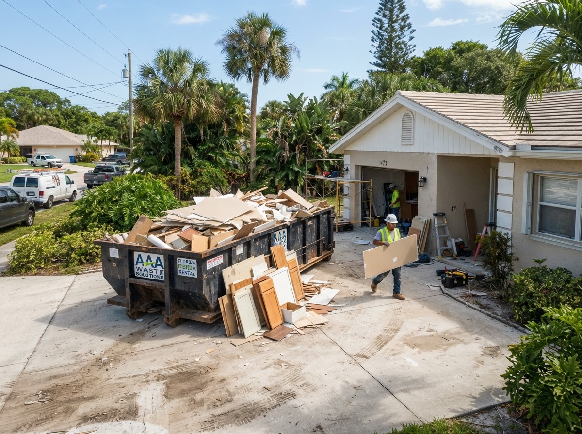 Residential remodeling dumpster container on a driveway near a home renovation in Spring Hill Florida