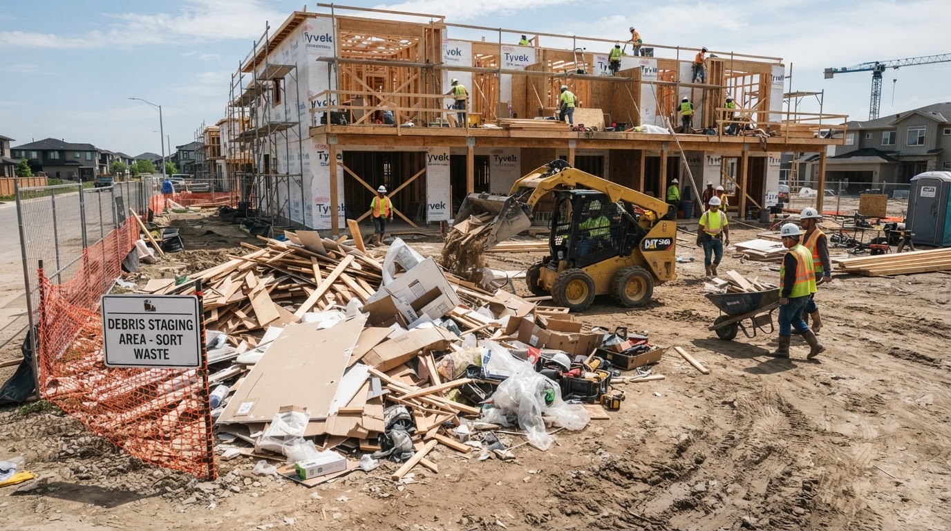 Active contractor jobsite with loose construction debris accumulating before container placement