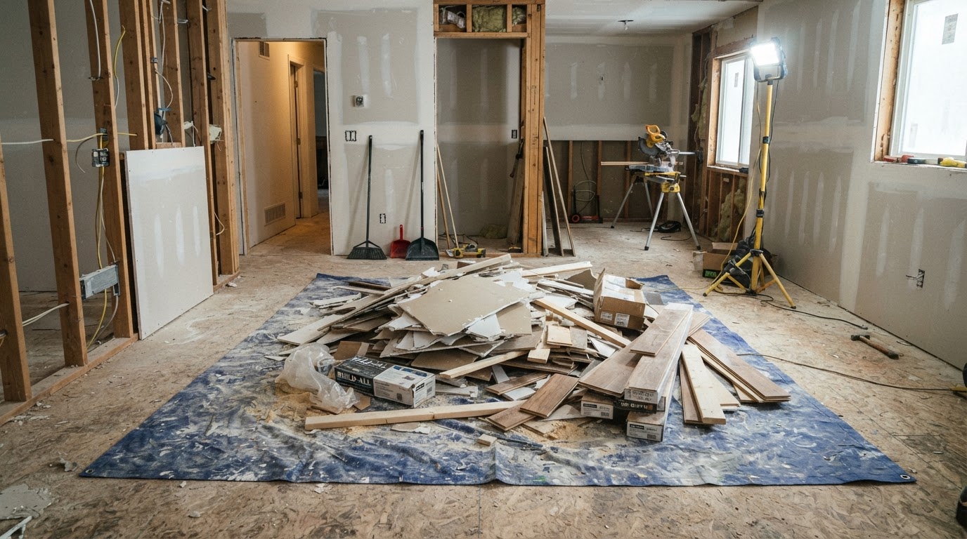 Renovation area with loose drywall, lumber scraps and construction waste staged before debris removal