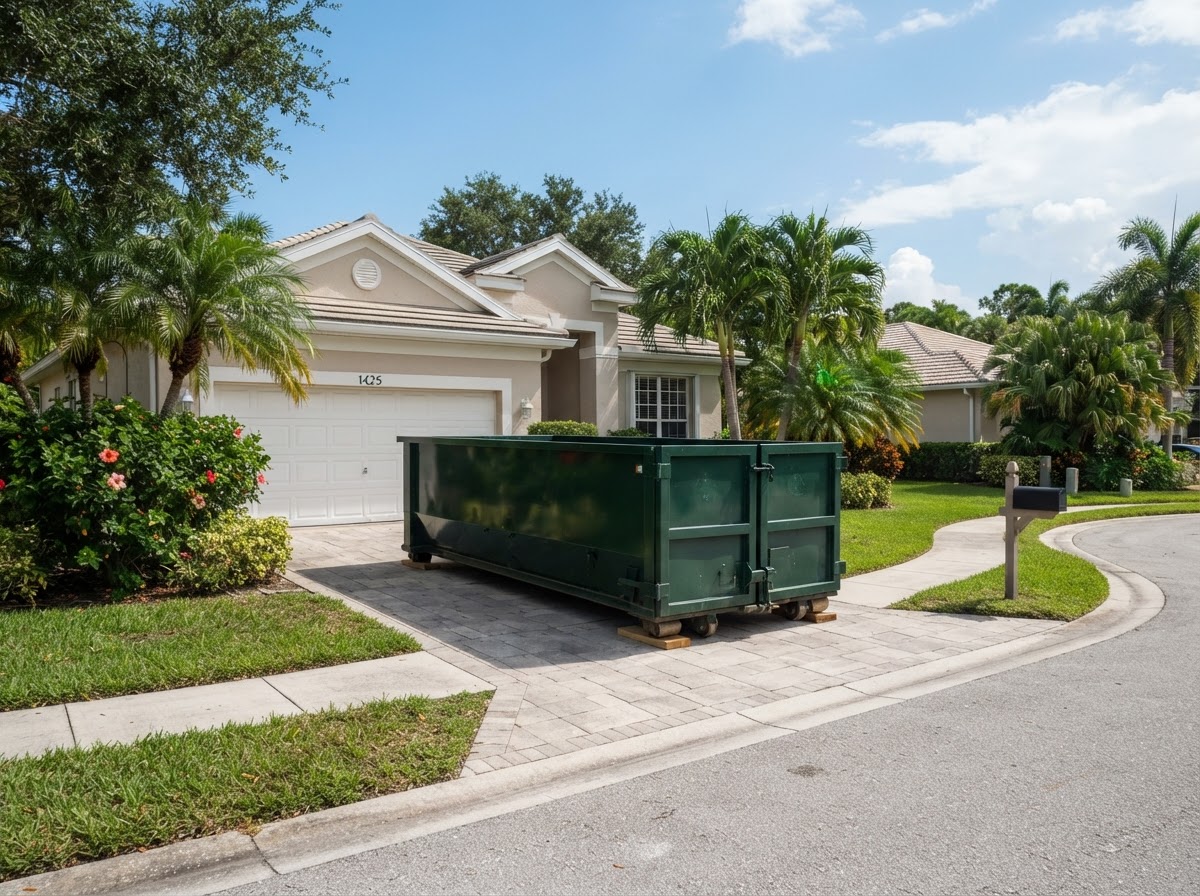 Residential roll-off dumpster positioned for property cleanup