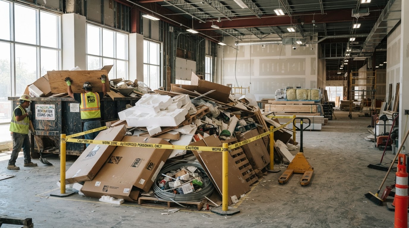 Substantial cleanup with bulky lightweight debris staged before a 30-yard container delivery