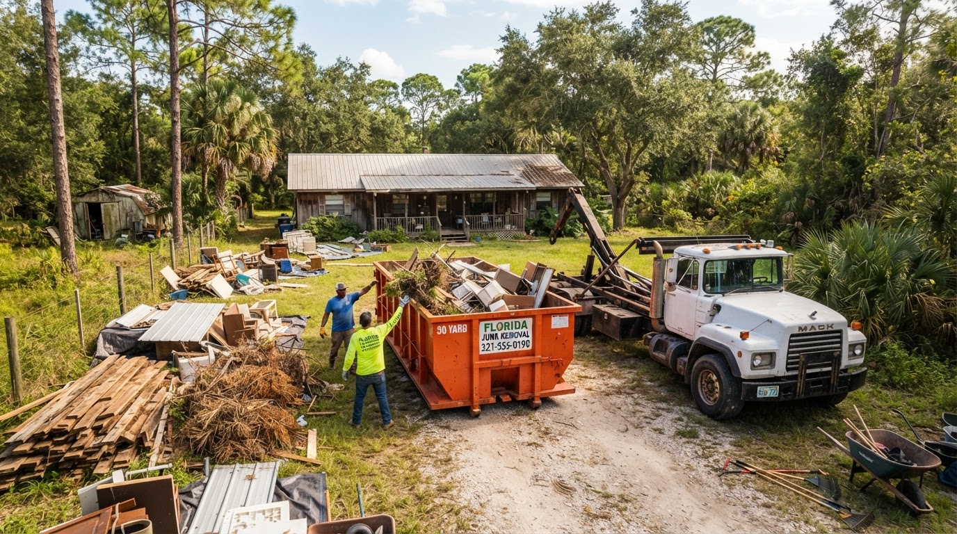 Rural residential acreage cleanup scene with a roll-off dumpster and hauling truck at a larger Florida property in Ridge Manor