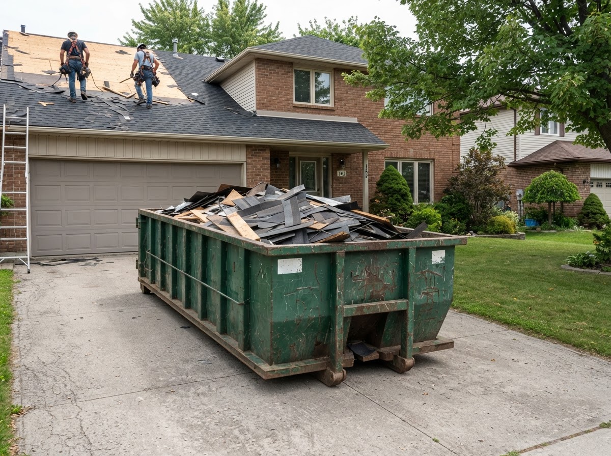 Roofing roll-off dumpster containing qualifying shingle removal debris
