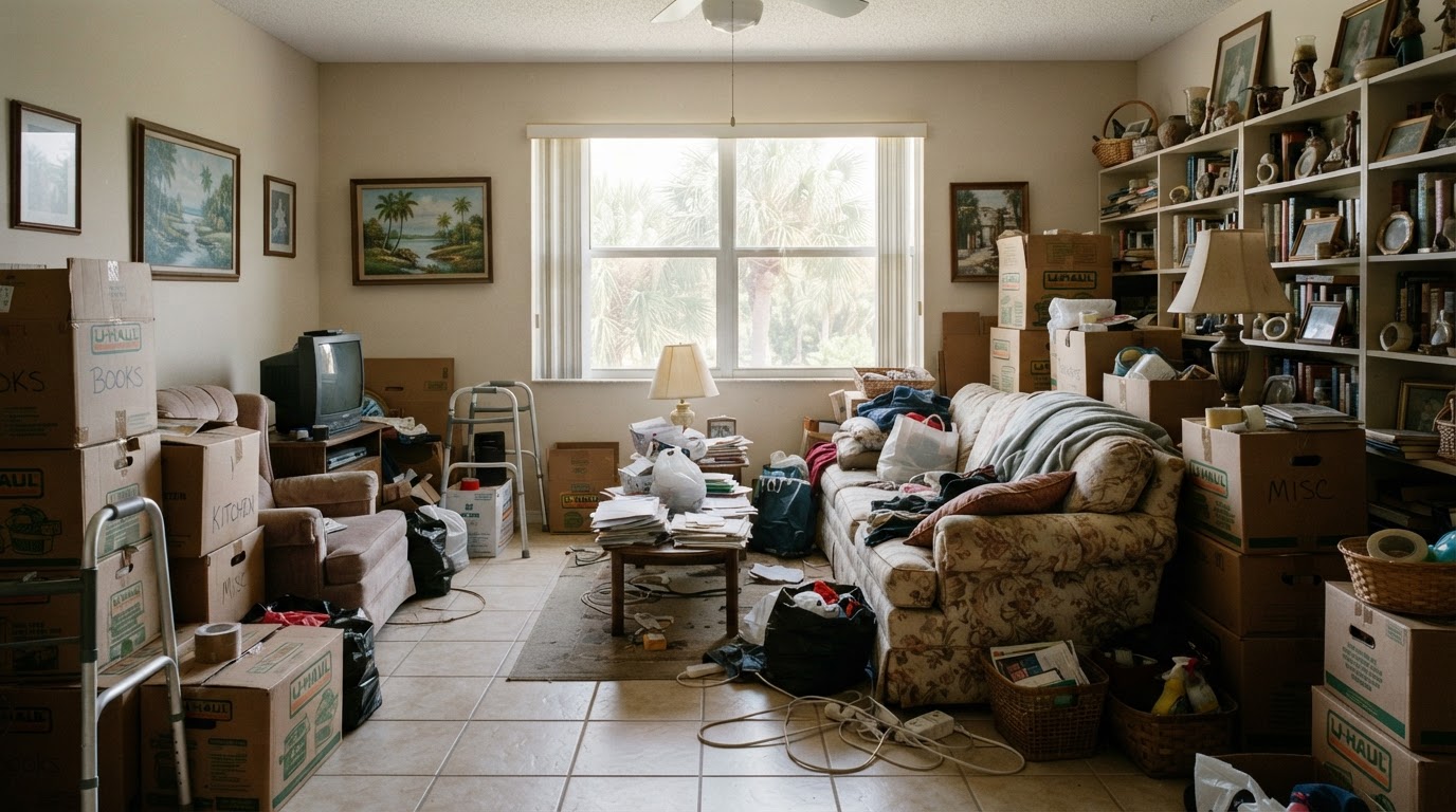 Seasonal residence with stored belongings and boxes selected for a snowbird cleanout