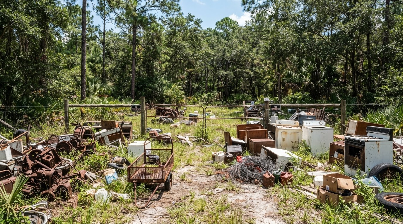 Rural acreage lot with scattered scrap metal, junk and debris before a property cleanup