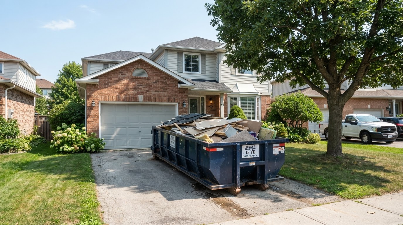 Same property with a correctly represented 15-yard dumpster holding the renovation debris