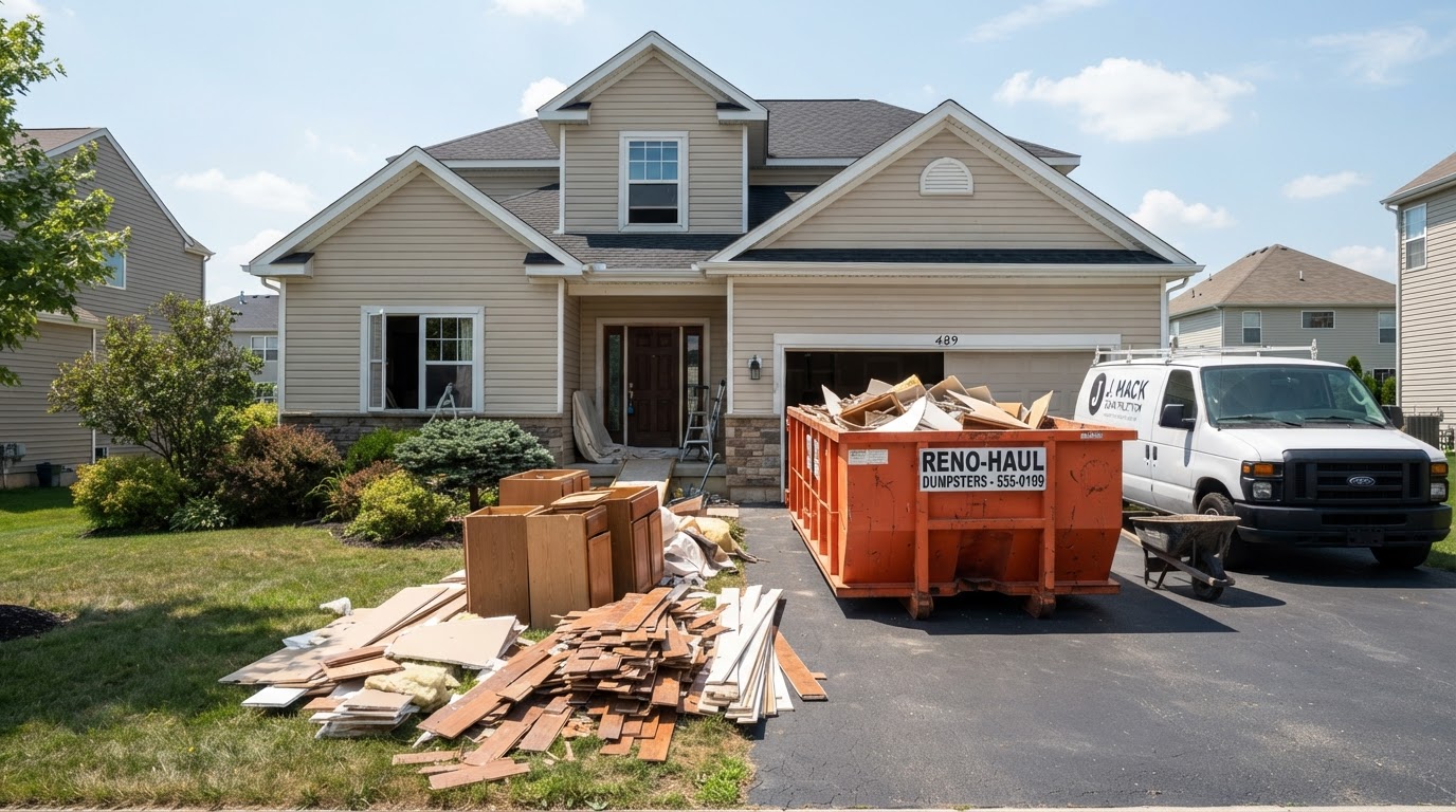 Moderate household renovation with cabinets and flooring staged before a 15-yard container delivery