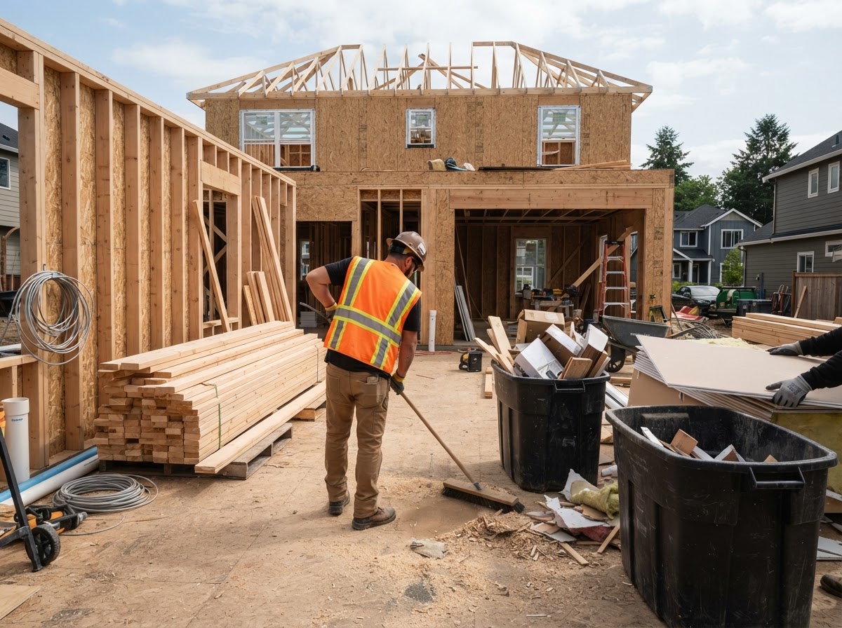 Construction jobsite cleanup with staged lumber and renovation debris