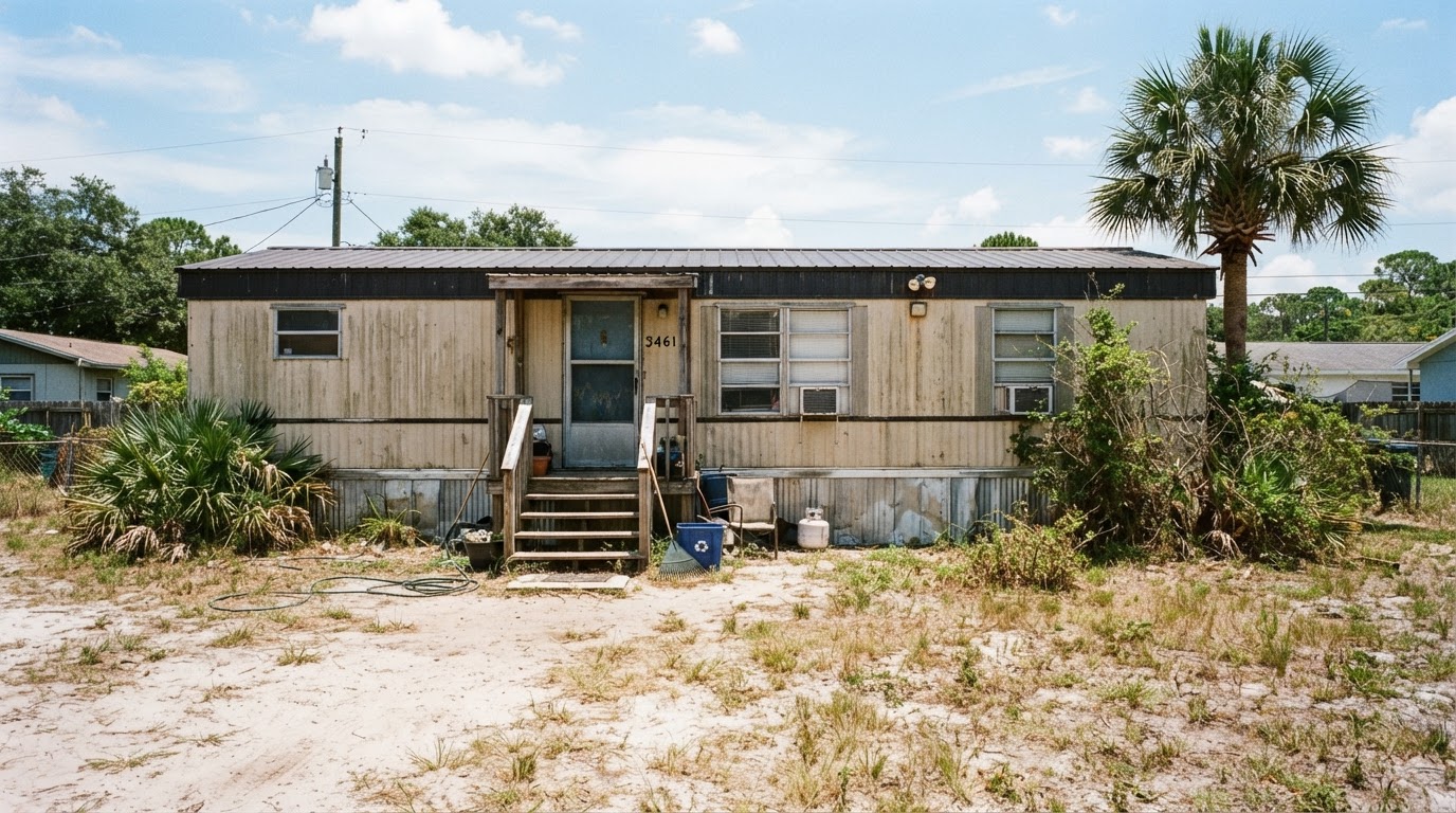 Old manufactured mobile home on a residential lot before an authorized demolition and removal