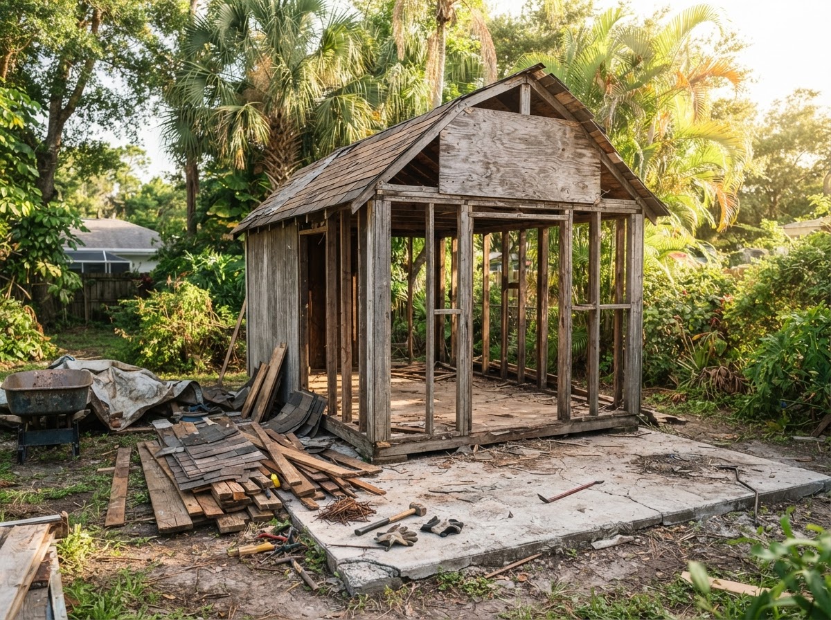 Old backyard wooden shed being demolished with wood boards staged nearby over a concrete slab in Spring Hill, Florida