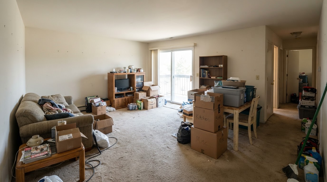 Vacant apartment with leftover furniture and boxes approved for a turnover cleanout