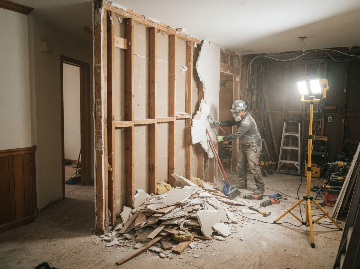 Controlled interior demolition with exposed wall studs and removed drywall sections in a Spring Hill Florida remodel