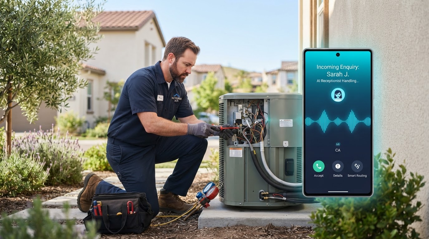 HVAC technician installing an air conditioning unit while a smartphone shows an incoming customer call being handled by the AI receptionist