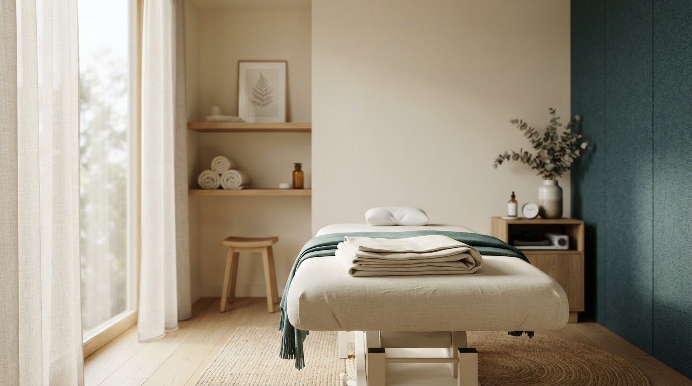 Sala de tratamiento de fisioterapia bañada por luz natural matutina