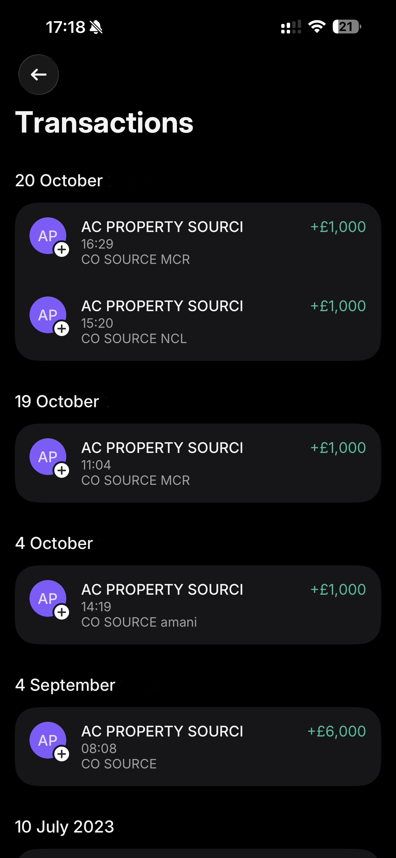 Property sourcing deal revenue — multiple £1,000 to £6,000 client payouts