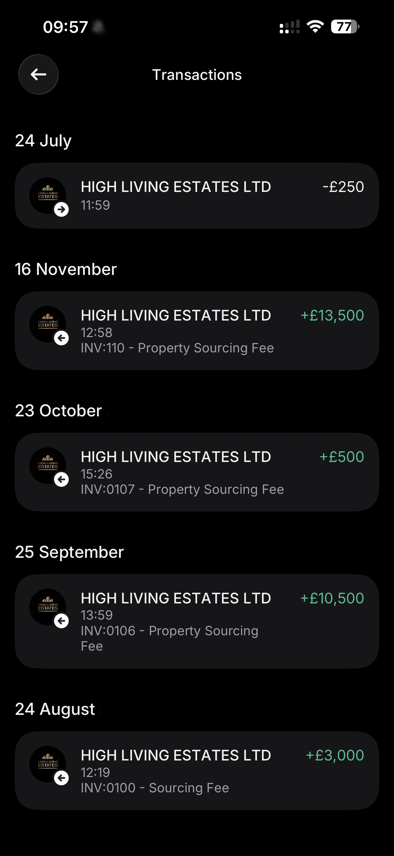 High-ticket property sourcing fees — £13,500, £10,500 and £3,000 client invoices paid