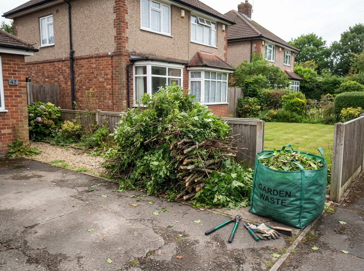 Neatly piled branches and green garden waste on a residential driveway ready for clearance.