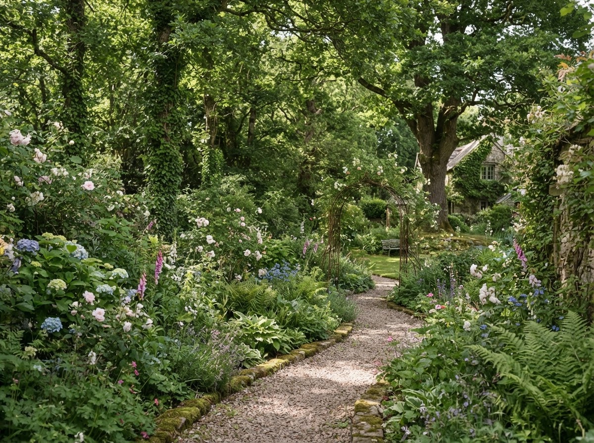 A leafy English garden with mature trees and dappled sunlight.